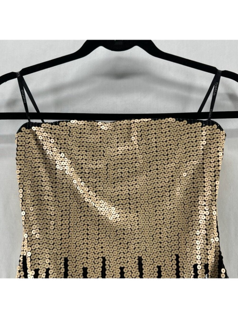 Bebe Strapless Sequin Ombre Mini Dress Womens 2XS Liquid Drip Bodycon Black Gold - Picture 5 of 12